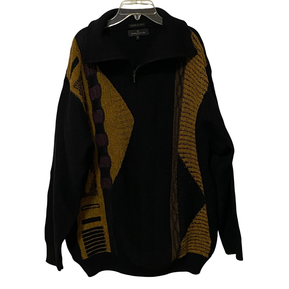 Vtg 90s Bugatchi Mens 1/4 Zip Sweater XL Black 3D Textured Italy Streetwear